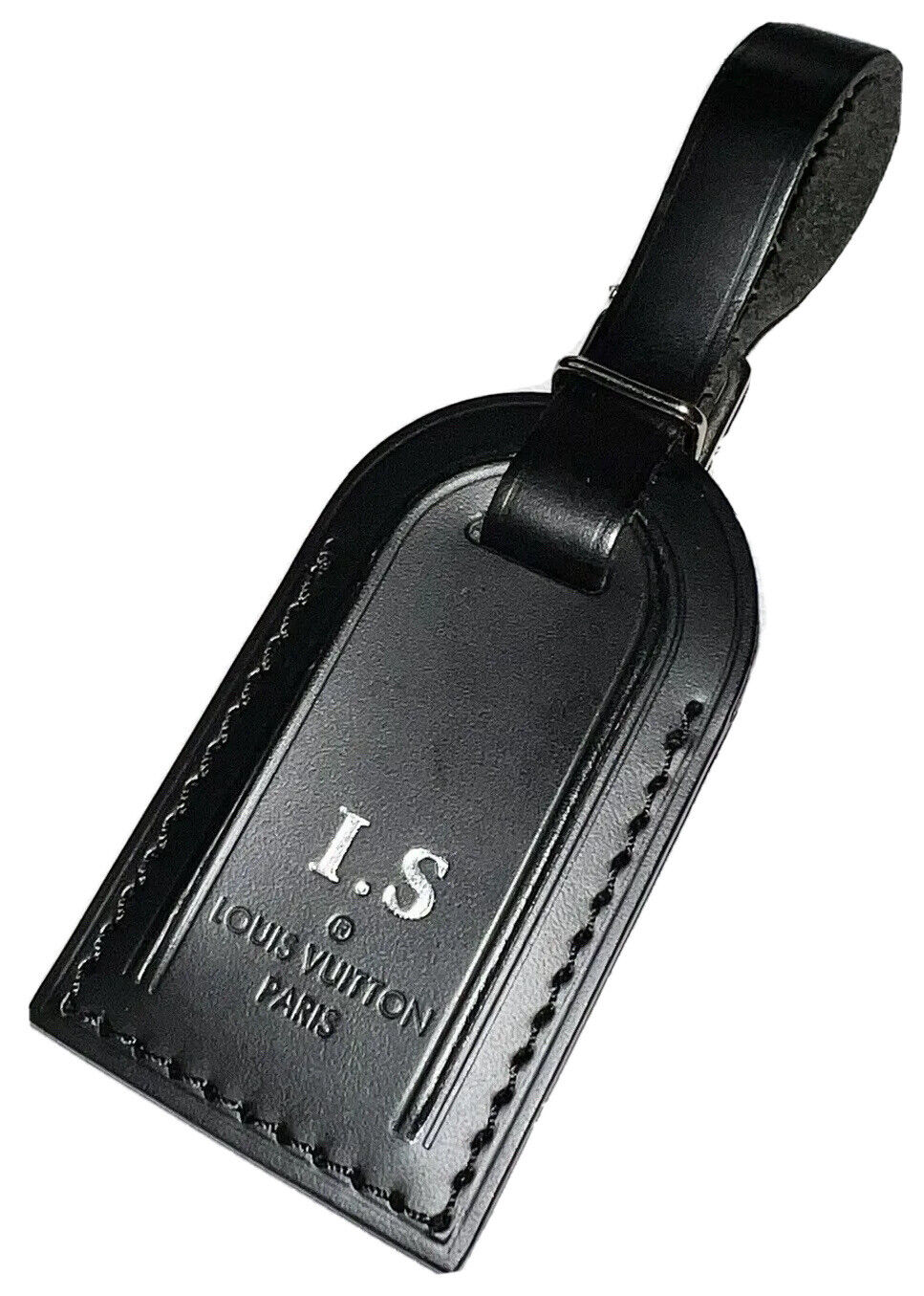 Louis Vuitton Luggage Tag w/ IS Initials Black Leather Small - Silvertone UEC