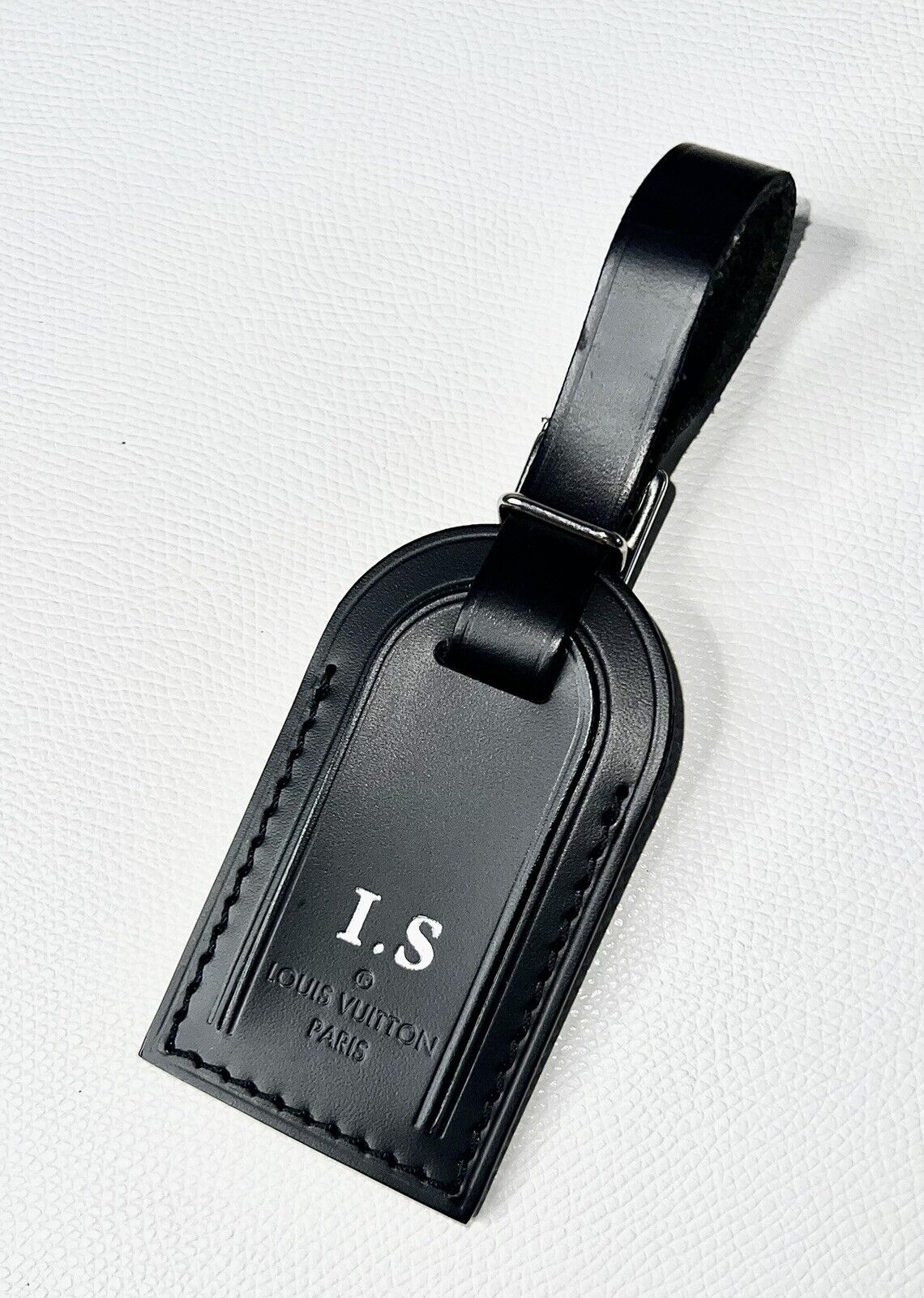 AUTHENTIC Louis Vuitton Name Tag w/ IS Initials Black Leather Small - UEC