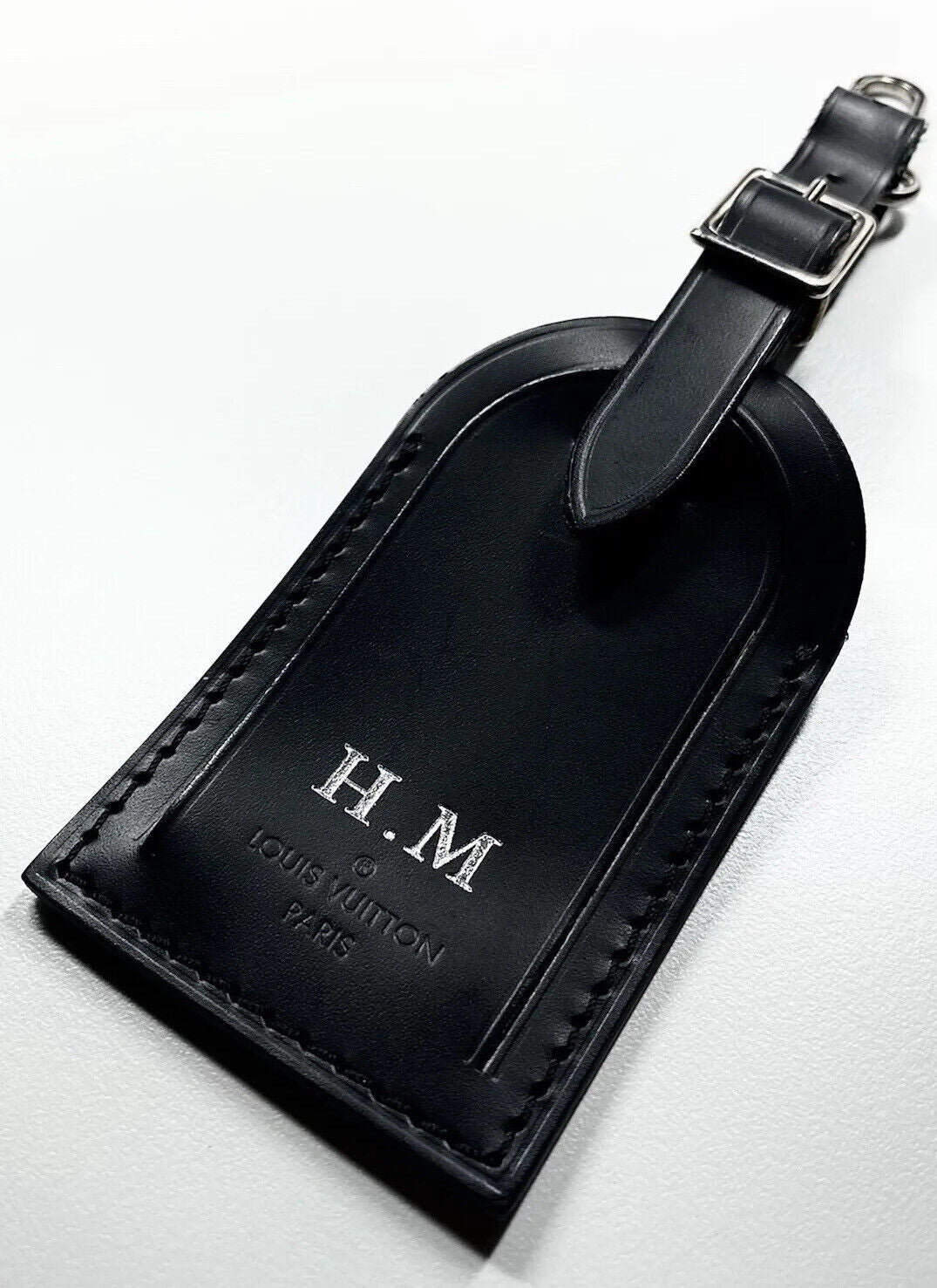 Louis Vuitton Black Luggage Tag w/ HM Initials Silvertone Calfskin
