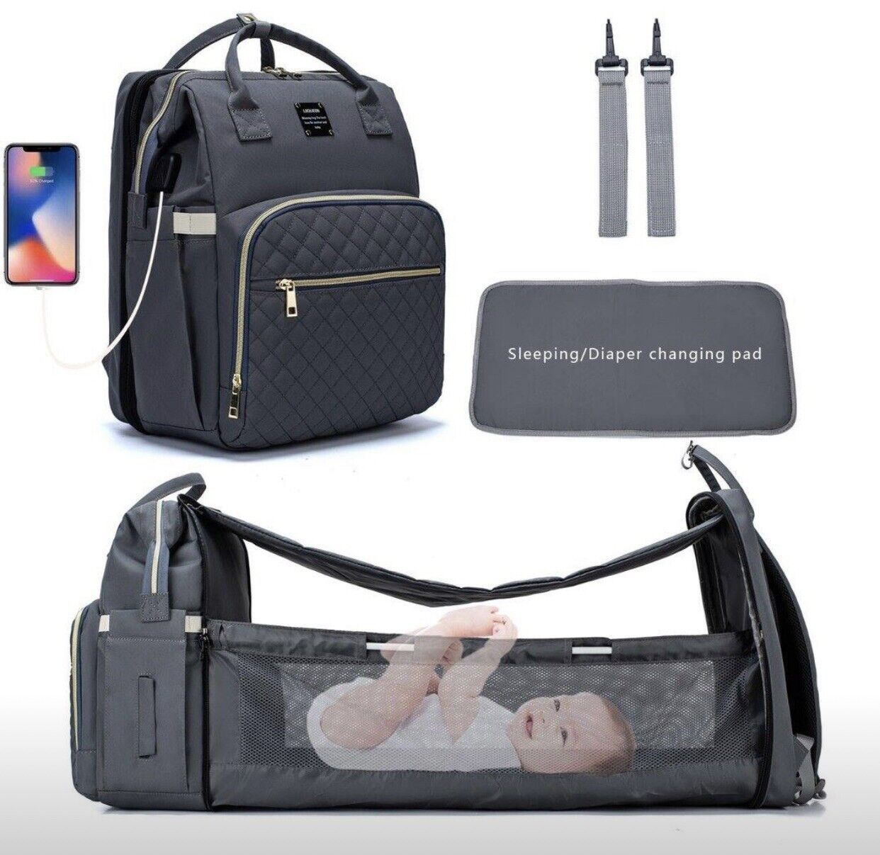 QuiltedBackpack Baby Diaper Bag + Warmer Travel Bassinet Bed - Black