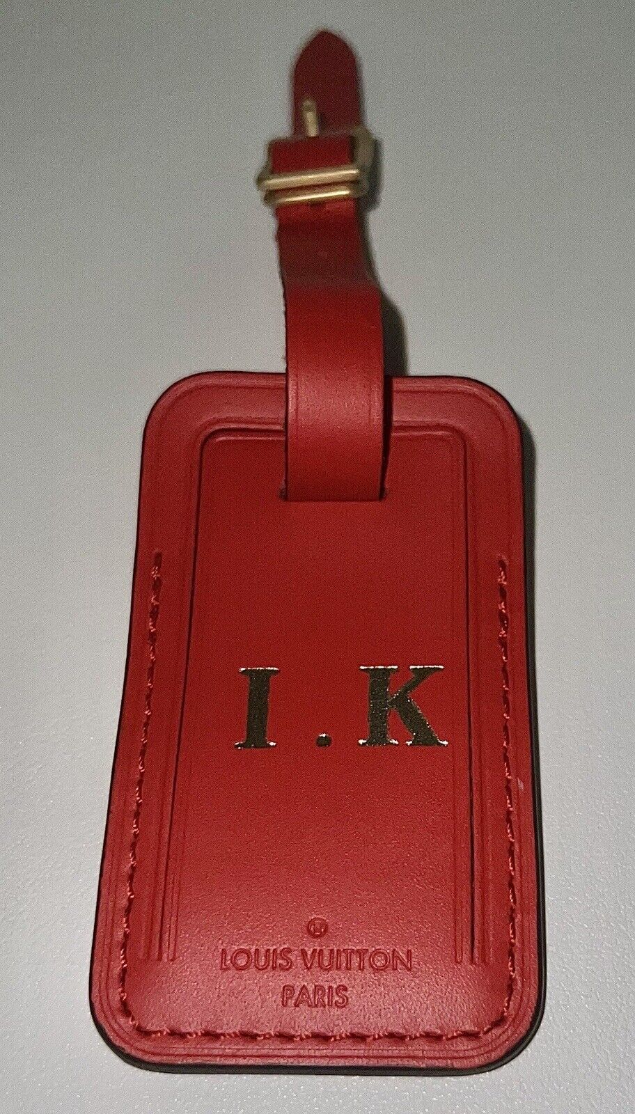Louis Vuitton Red Leather  Name Tag w/ IK Hot Stamp Horizon Goldtone
