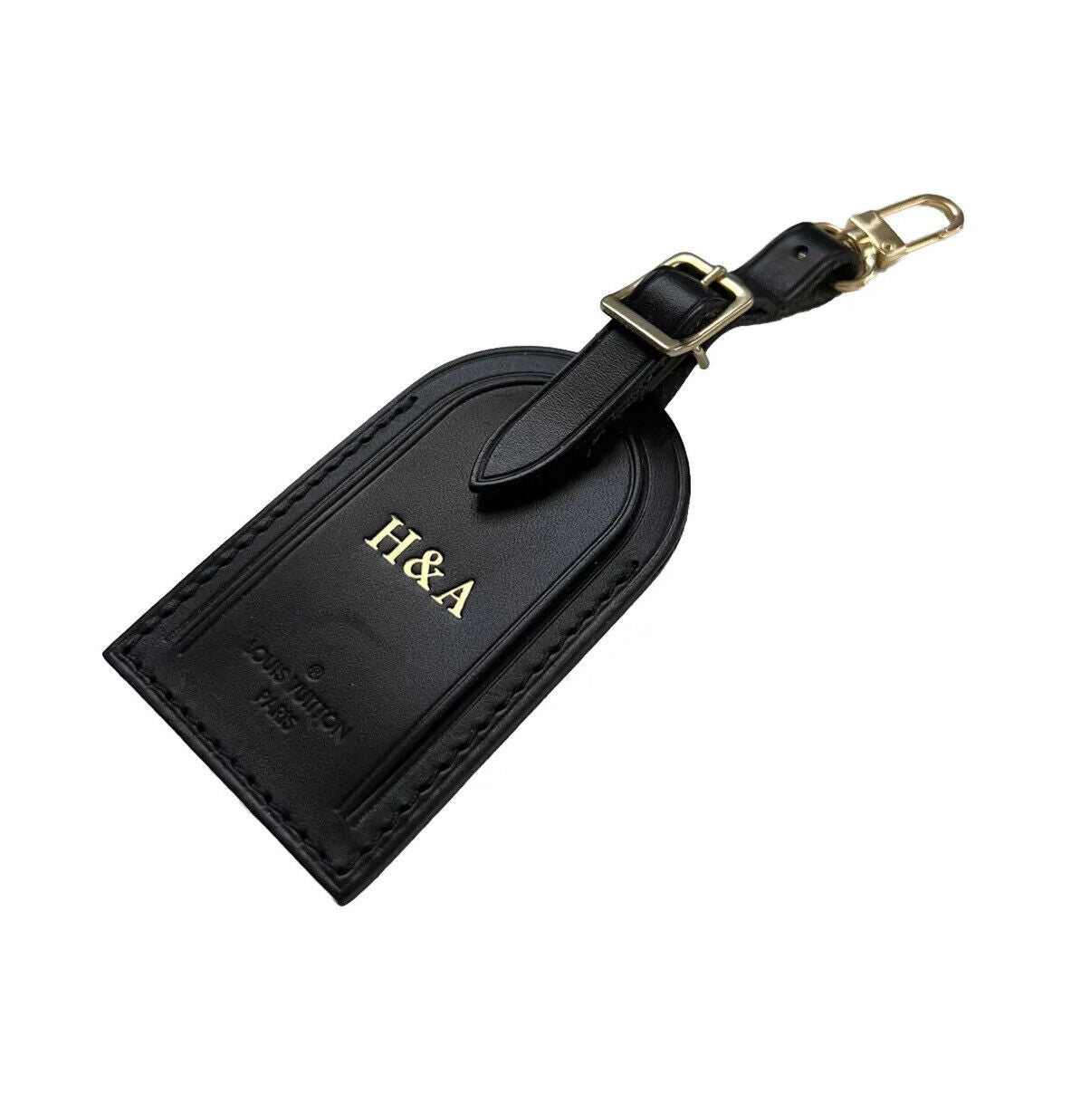 Louis Vuitton Luggage Tag w/ H & A Stamped Initials Goldtone Black Leather UEC