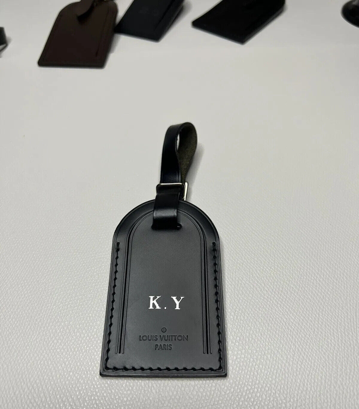 Louis Vuitton Name Tag w/ KY Initials Silvertone Black Calfskin Paris 🇫🇷