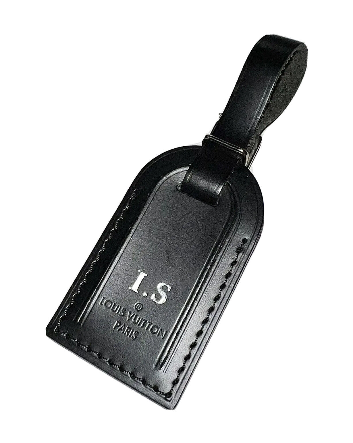 Louis Vuitton Name Tag w/ IS Initials Black Leather Small - Silvertone UEC