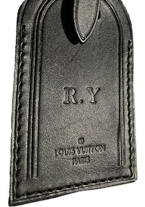 Louis Vuitton Black Leather Name Tag w/ RY Initials Large Goldtone or Goldtone