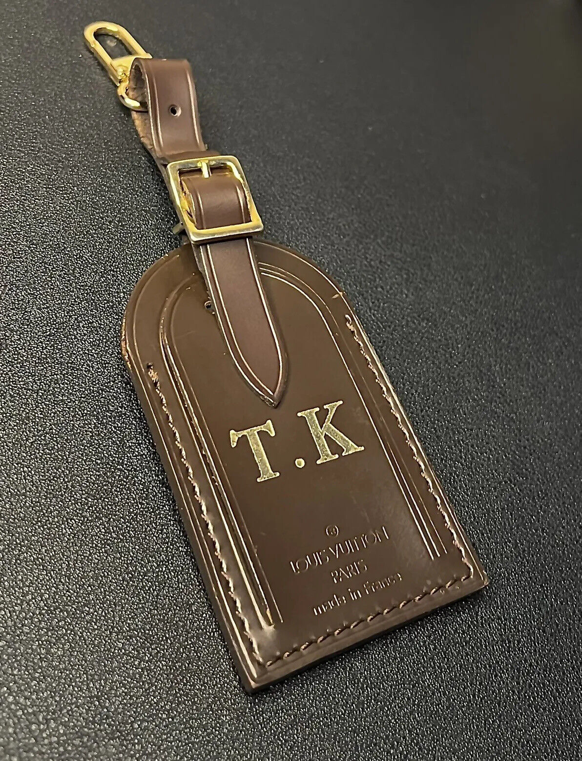 Louis Vuitton Name Tag Dark Brown Leather w/  TK Initials Large Damier Ebene